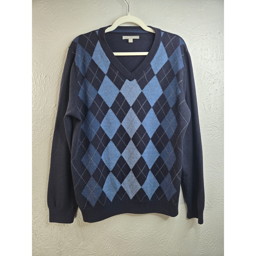 Nordstrom Argyle V Neck Sweater XL Blue Knit 100% Merino Wool Preppy Grandpacore